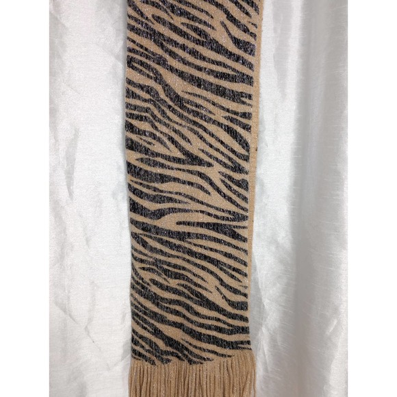 Metallic silver thread caramel tan black zebra stripe tiger scarf - Picture 6 of 6